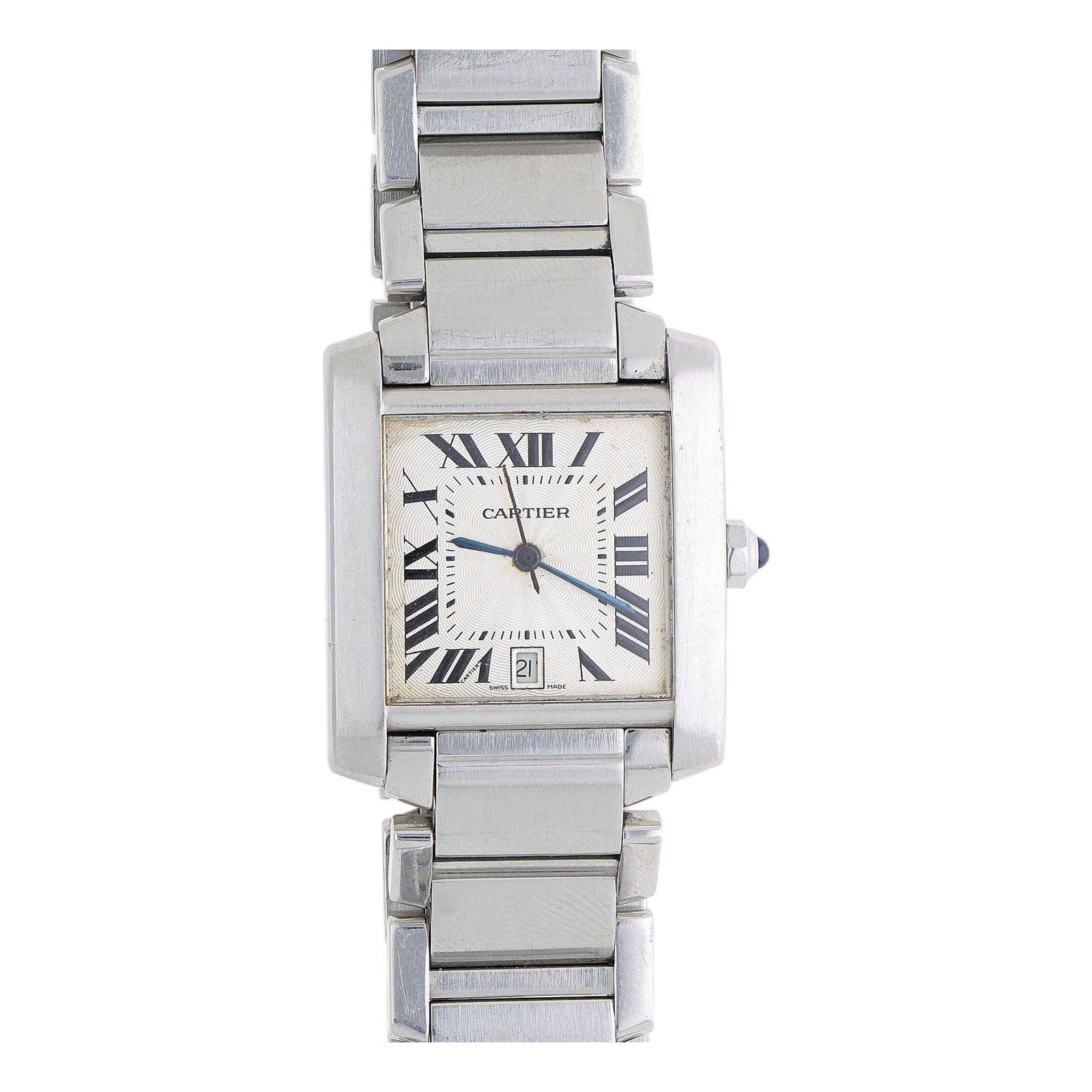 1990s Cartier Tank Francaise 2302 Large Steel Guilloche Roman Dial Blue ...