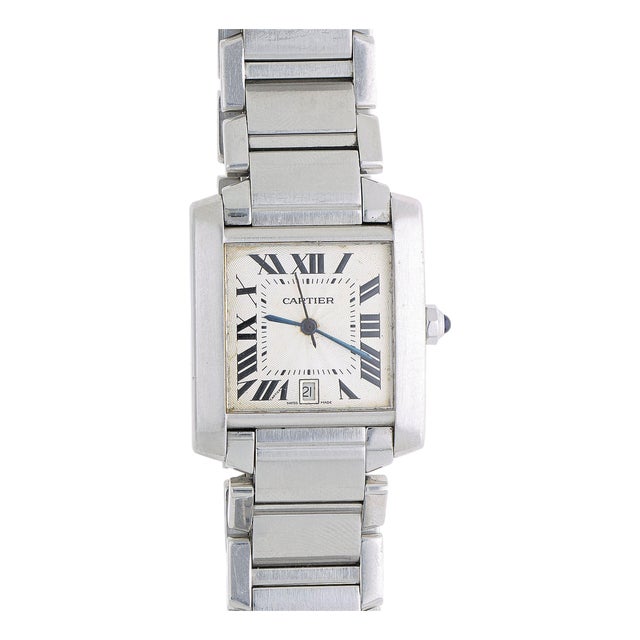 1990s Cartier Tank Francaise 2302 Large Steel Guilloche Roman Dial Blue Hands Watch For Sale