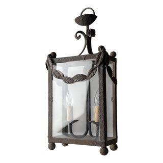 Wrought Iron Lantern with Glass Panels and Foliate Motifs, 1980s For Sale