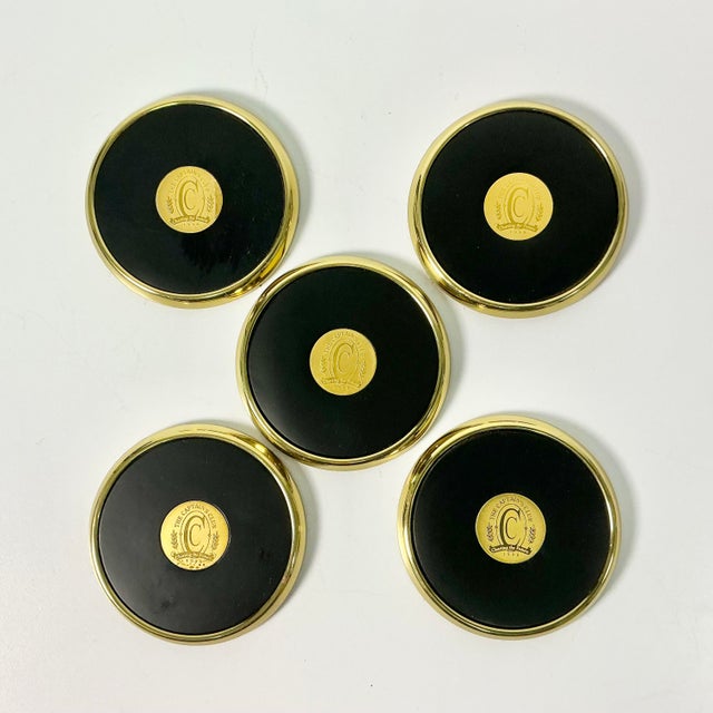 1990s Vintage Hollywood Regency Traditional Brass & Leather Coasters - Set of 5 For Sale - Image 4 of 10