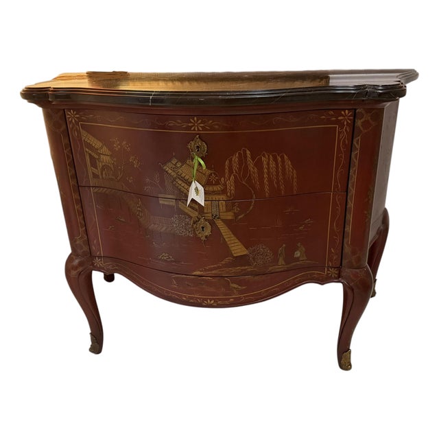 19th C Style E. J. Victor Red Chinoiserie & Black Marble Commode For Sale