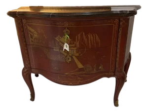 19th C Style E. J. Victor Red Chinoiserie & Black Marble Commode