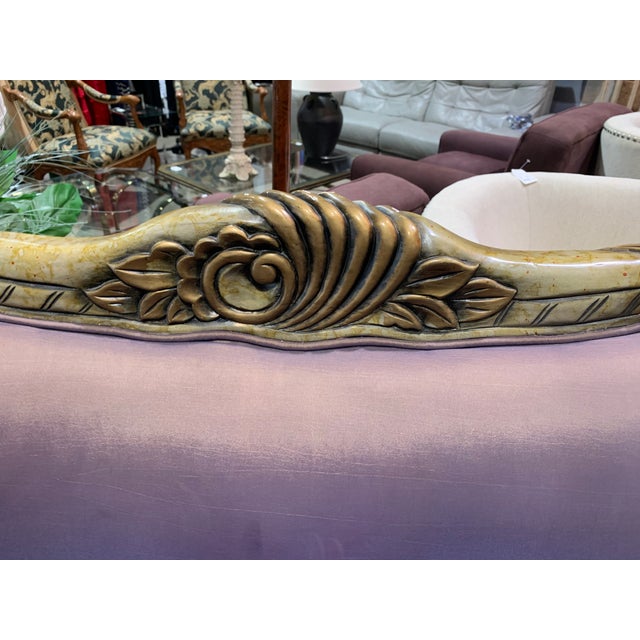 Lavender Silk Sofa Chair With Ornate Wood Frame and Pillow For Sale - Image 11 of 12