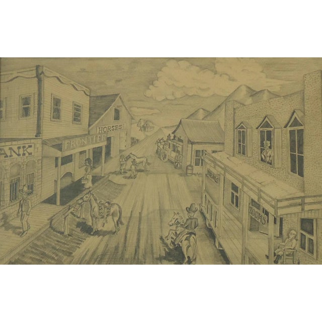 A vintage pencil drawing of an old west town by Bob Everett. Framed size 20.5" x 14.9", sight size 17.7" x 11.5". Please...