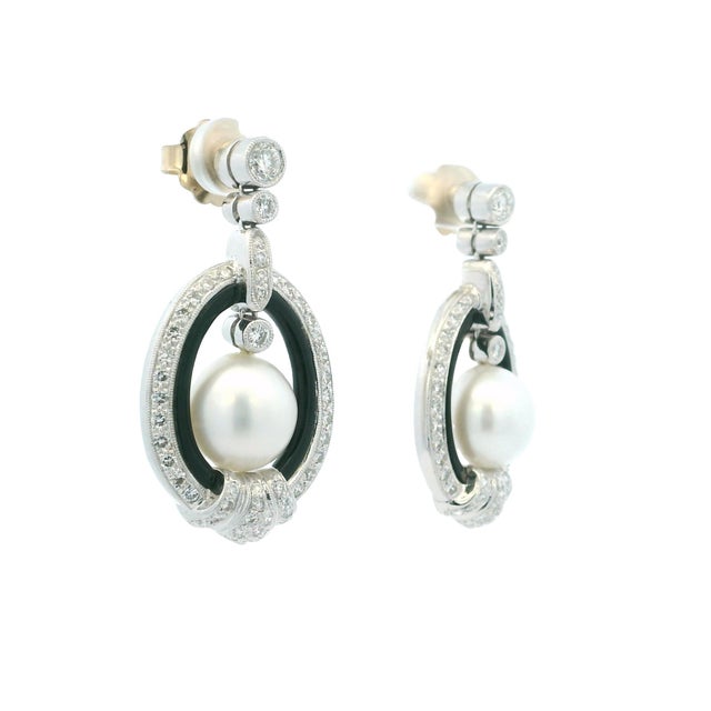 Modern Vintage 18k White Gold South Sea Pearl, Onyx and 5 Carat Diamond Earrings, Pair For Sale - Image 3 of 10