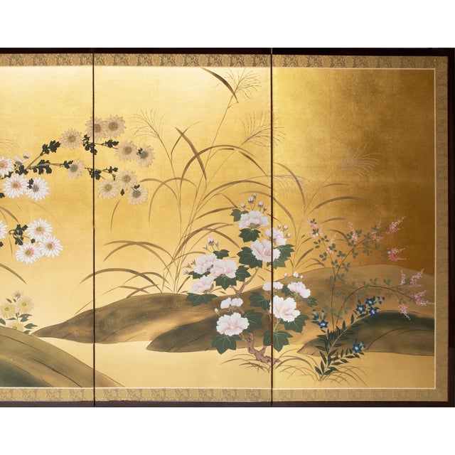 "Chrysanthemums, Rose Mallow and Bush Clover" by Shunsui, Showa Japanese Byobu Screen For Sale - Image 4 of 18