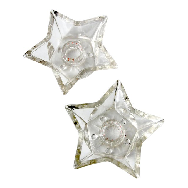 Vintage Cut Glass Star Shaped Candle Holders Pair For Sale