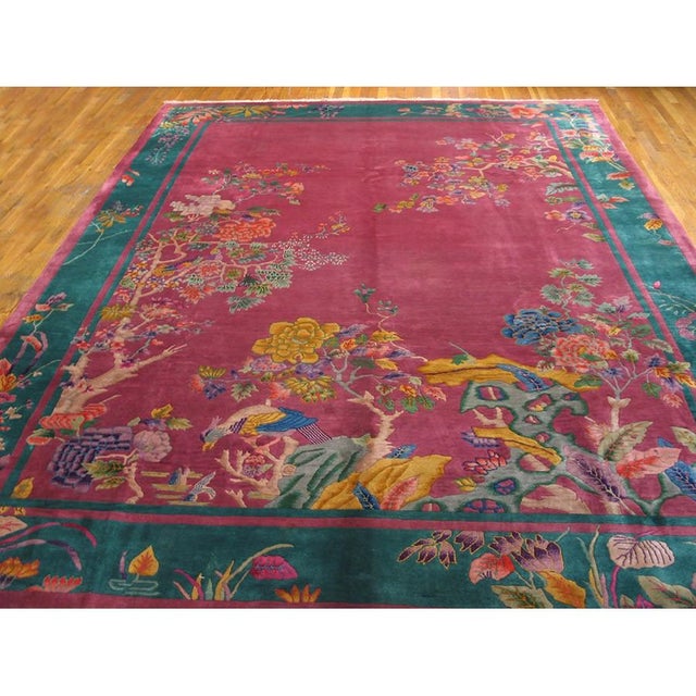 Raspberry Pink 1920s Pink Floral Modern Antique Chinese Art Deco Rug 9' X 11'8" Handknotted Wool Carpet For Sale - Image 8 of 12