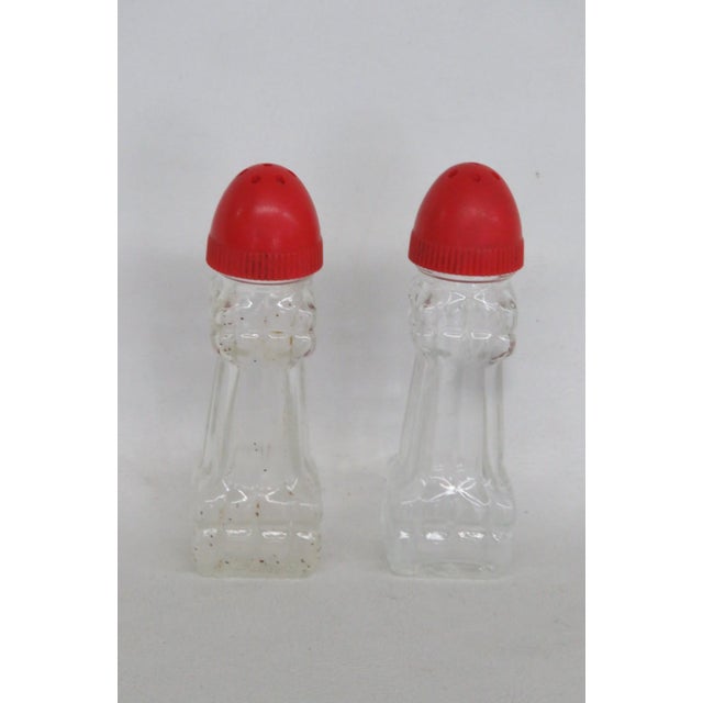 Mid-Century Modern Mid 20th Century Mid Century Modern Pressed Glass Salt and Pepper Shakers Pair of 2 With Red Tops For Sale - Image 3 of 15