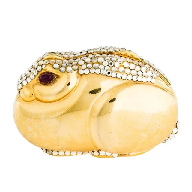 Contemporary 1980s Judith Leiber Bunny Rabbit Gold Plated Metal Rhinestones Crystal Pillbox For Sale - Image 3 of 7