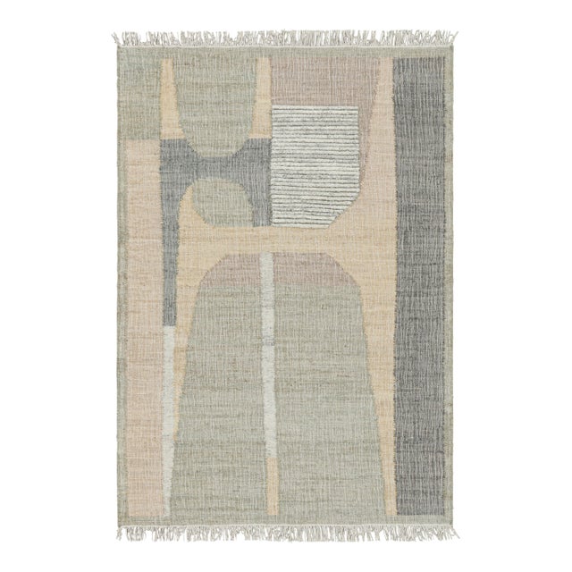 Rug & Kilim’s Flatweave Rug in Beige with Gray, White & Green Geometric Patterns - 3x12 For Sale