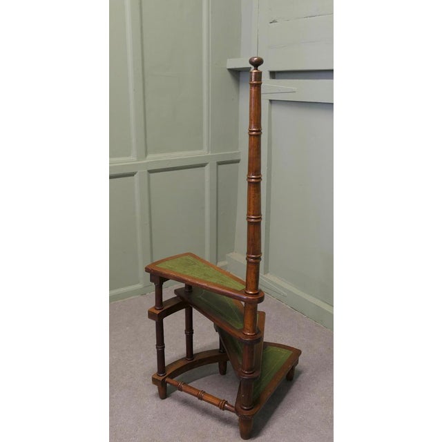 Wood Spiral Library Steps with Tooled Green Leather Treads, 1920 For Sale - Image 7 of 8