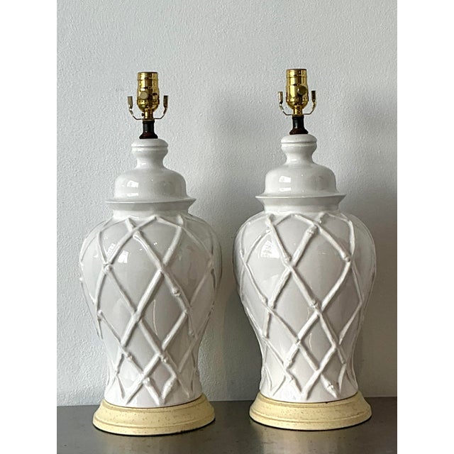 Chinoiserie Vintage Glazed Ceramic Trellis Lamps - A Pair For Sale - Image 3 of 12