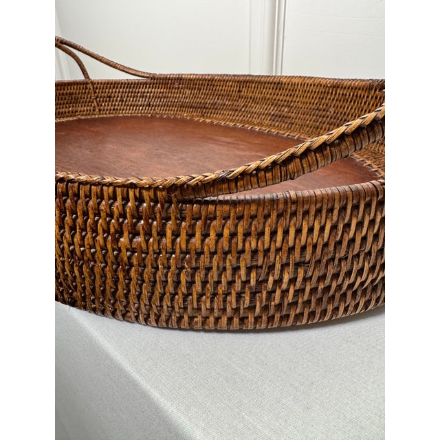 Wood Vintage Monumental Oval Wicker Rattan & Wood Double Handled Tray For Sale - Image 7 of 9