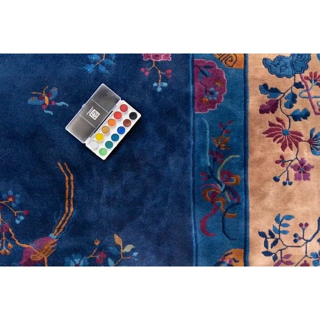 Art Deco 1920s Antique Chinese Art Deco Rug Medallion Botanical Royal Blue Hand Knotted Manchester Wool Rug - 12’3” X 14’5” For Sale - Image 3 of 10