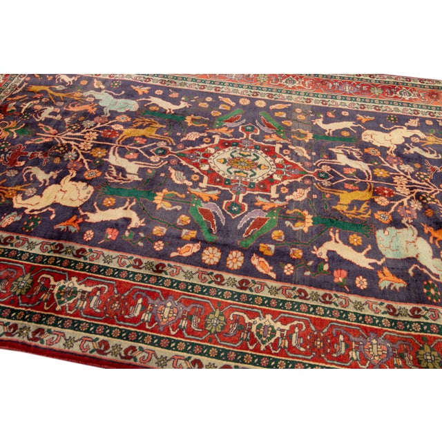 Blue Vintage Shiraz Handmade Pictorial Designed Blue Wool Rug For Sale - Image 8 of 11