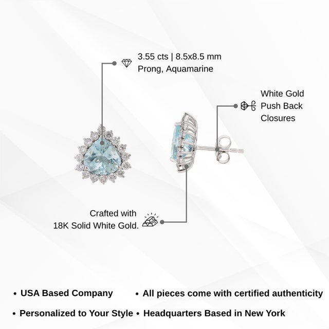 1900th Century Inspired 18k Gold Trillion Aquamarine Earrings With Diamonds, 3.55ct- A Pair For Sale - Image 11 of 15