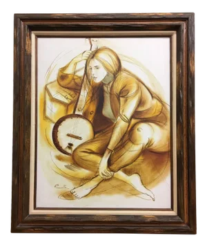 Late 20th Century "Lady with Banjo" Figurative Drawing by Ponselle, Framed