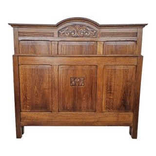 French 1920s Solid Oak Bed Frame Carved Floral Design Full / Queen Adaptable For Sale