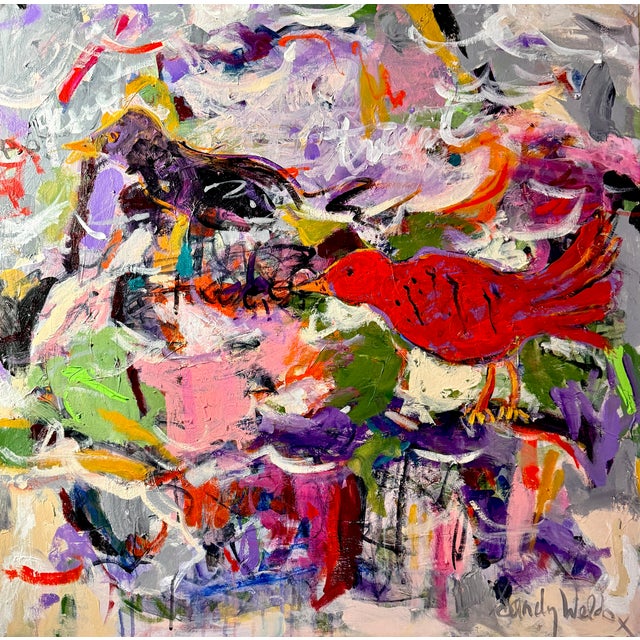 "For the Birds" Colorful Abstract Painting by Sandy Welch For Sale