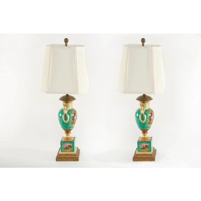 Hollywood Regency 19th Century Gilt Porcelain / Brass Bass Table Lamps - a Pair For Sale - Image 3 of 13