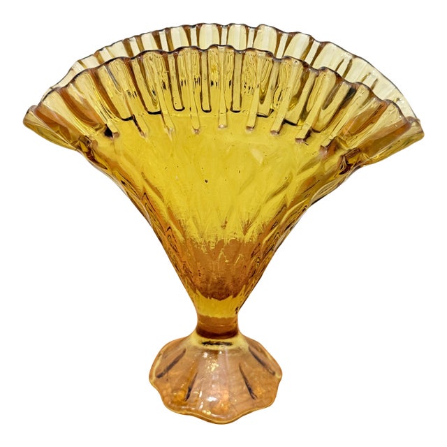 Vintage Fenton Amber Glass Peacock Fan Vase For Sale