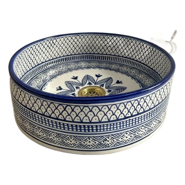 Navy Blue Vessel Sink for Bathroom, Handmade Ceramic Basin With Brass Drain For Sale