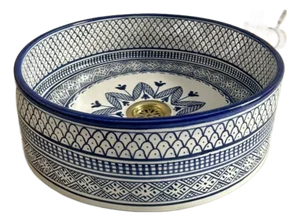 Navy Blue Vessel Sink for Bathroom, Handmade Ceramic Basin With Brass Drain