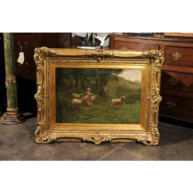 Victorian Large Antique Oil Painting of Sheep and Shepherdess in Antique Giltwood Frame For Sale - Image 3 of 10