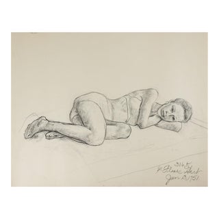 1951 Charcoal Portrait Drawing of Reclining Woman For Sale