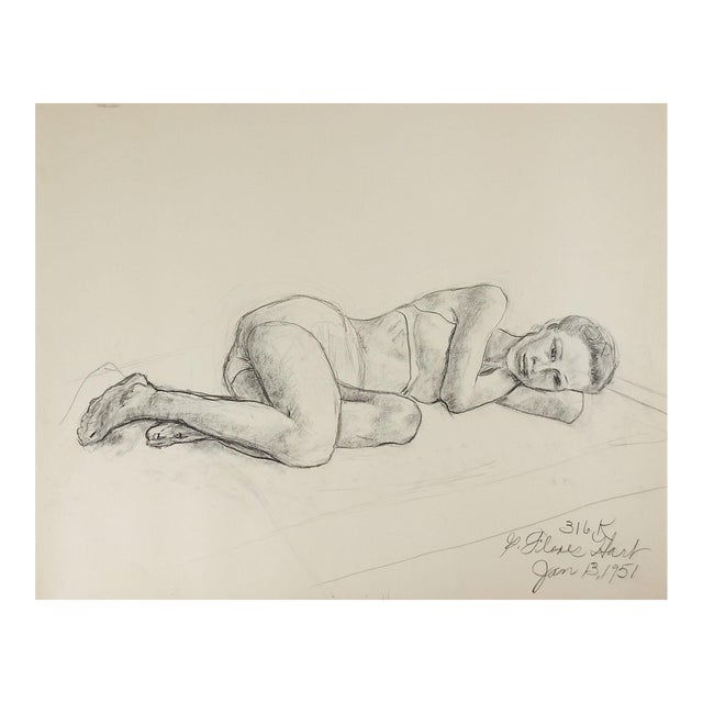 1951 Charcoal Portrait Drawing of Reclining Woman For Sale
