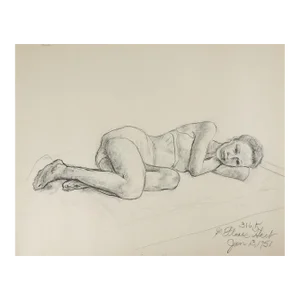 1951 Charcoal Portrait Drawing of Reclining Woman