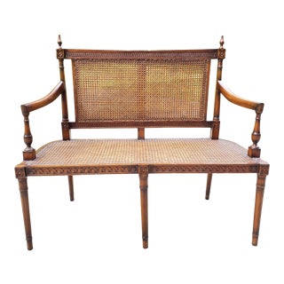 Vintage English Traditional Style Wood and Cane Seat Bench For Sale
