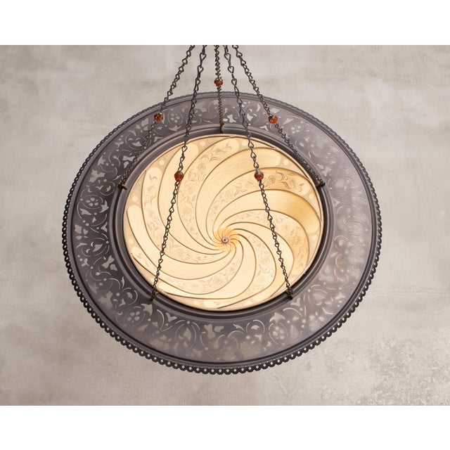Bronze Art Nouveau Fortuny Scudo Saraceno Venetian Bronze Silk Lamp Chandelier For Sale - Image 8 of 18