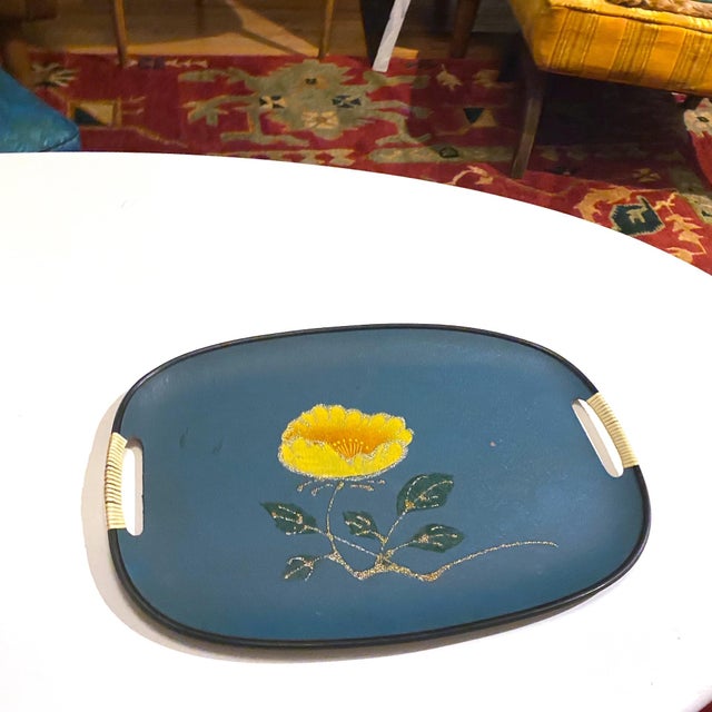 Turquoise Vintage Mid-Century Turquoise Fiberboard Large Oval Serving Tray For Sale - Image 8 of 8