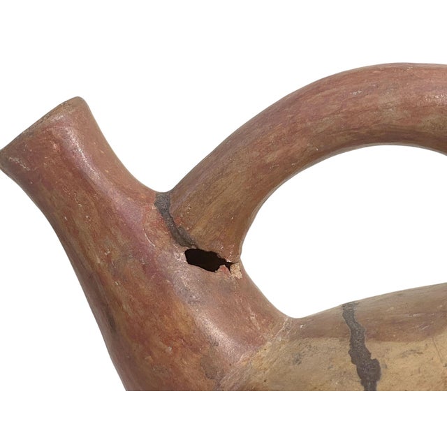 Old Pre-Columbian Style Inca Culture Clay Vessel Bird With Stirrup Spout Jar 6.5" H For Sale - Image 4 of 8