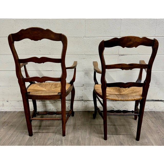 Brown Antique French Country Style Louis XV Style Ladder Back Rush Seat Arm Chairs For Sale - Image 8 of 10