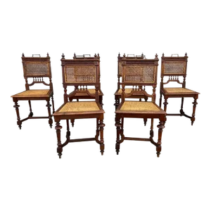 19th Century Antique Renaissance Revival Style Carved Cane Seat Dining Chairs - Set of 6