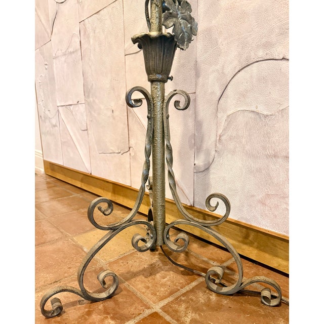 French Vintage Sculptural Wrought Iron Two-Light Floor Lamp, Torchère With Grape Vine Entwined Column, Circa 1950s For Sale - Image 3 of 12