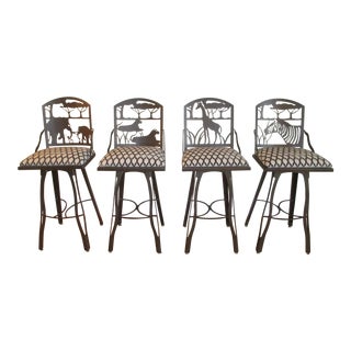 Custom Made Swivel Bar Stools With Animal Seat Backs - Set of 4 For Sale