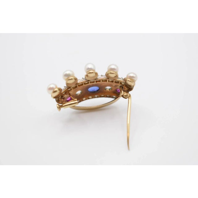 Antique Pearl, Ruby, Sapphire and Diamond Crown Brooch For Sale - Image 9 of 9
