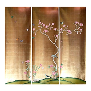 Gold‑Leaf Hand‑Painted Wall Panels, Set of 3, Magnolia Floral Bird & Butterfly Mural For Sale