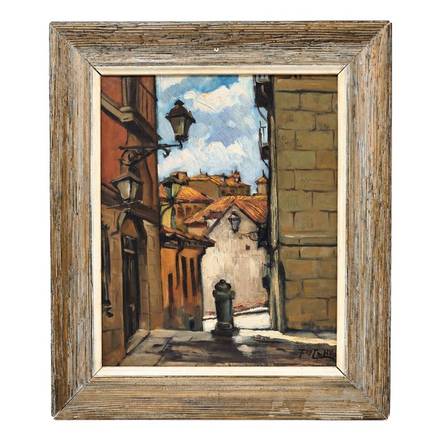 Francisco Castillo, Street with Houses and Streetlights, 1960s, Wood & Canvas For Sale