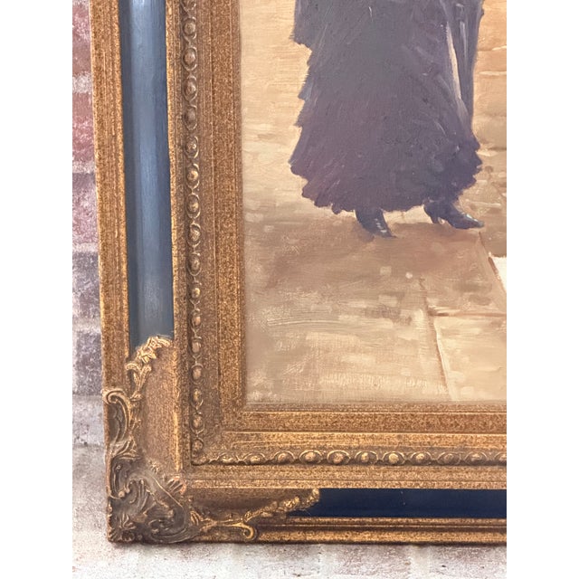 Large Vintage Parisian Street Scene Oil Painting of Victorian Woman in Ornate Gilt Frame For Sale - Image 10 of 17