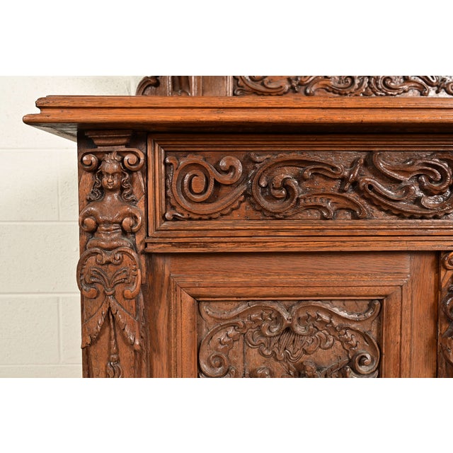 Alexander Roux Style French Renaissance Revival Carved Oak Sideboard or Bar Cabinet, Circa 1890s For Sale - Image 11 of 17