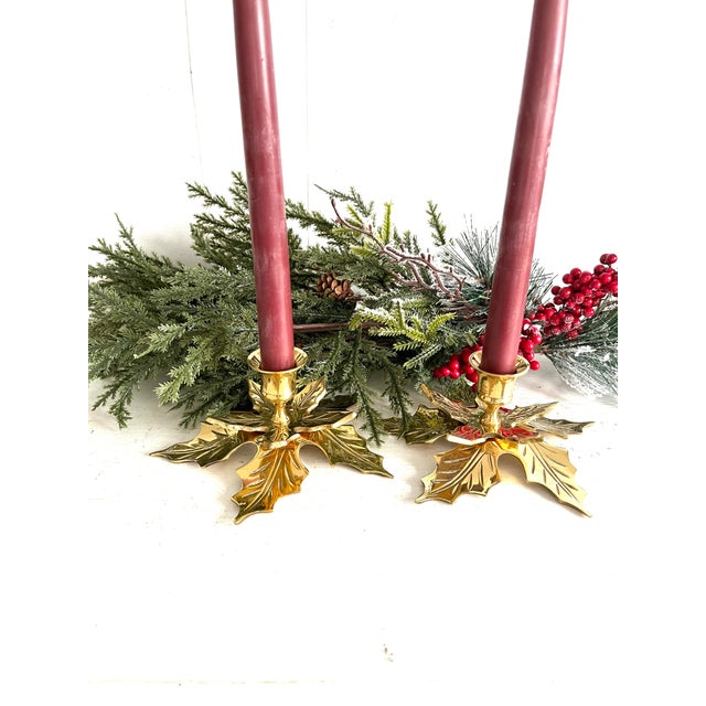 1980s Brass Holly Candle Holders, Pair Chairish