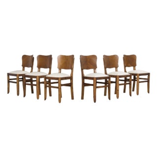 1930s French Art Deco Oak Dining Chairs in Striped Fabric - Set of 6 For Sale
