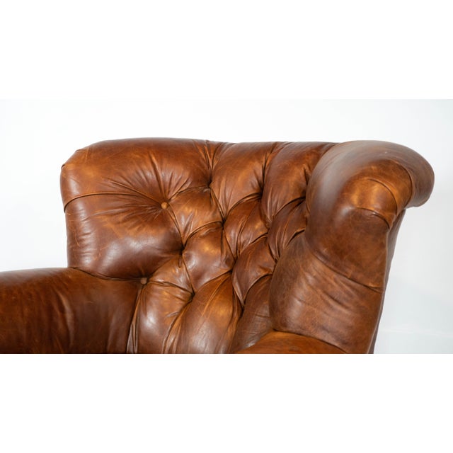 English Restoration Hardware Churchill Cigar Leather Luxe Writer's Chair For Sale - Image 3 of 15