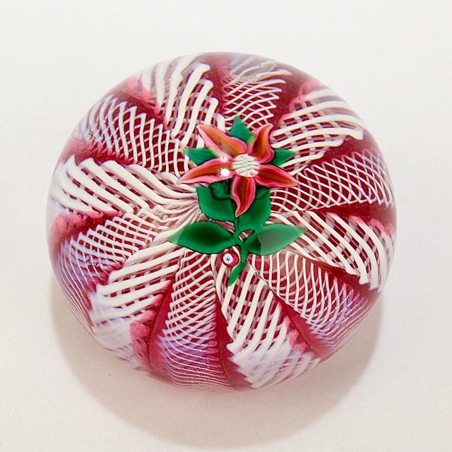 Paul Ysart Poinsettia on a Pink & White Latticino Ground Glass Paperweight For Sale - Image 4 of 10
