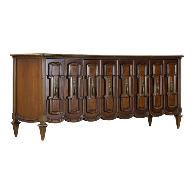 Mid Century Walnut Dresser of Nine Drawers For Sale